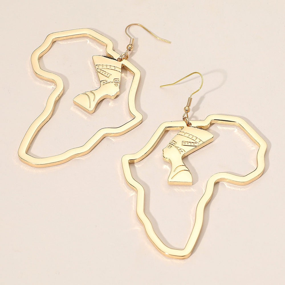 Gold Nefertiti Africa Map Hoop Earrings - Egyptian Queen Statement Jewelry