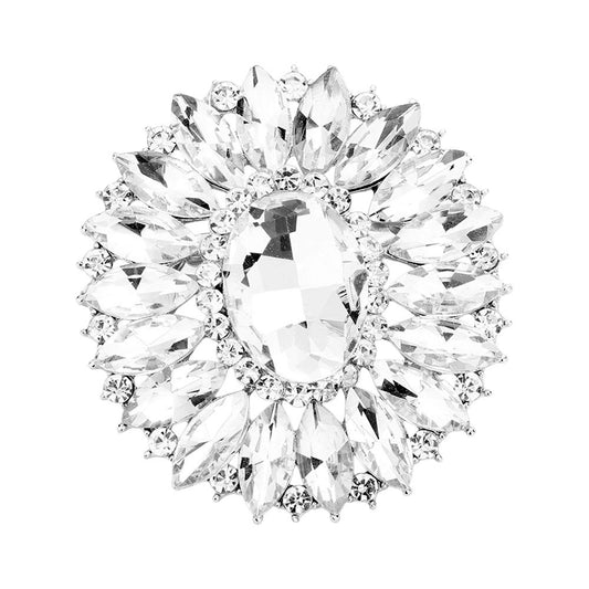 2pc Crystal Rhinestone Brooch Pin Set Oval Marquise Flower Jewelry Silver Grey