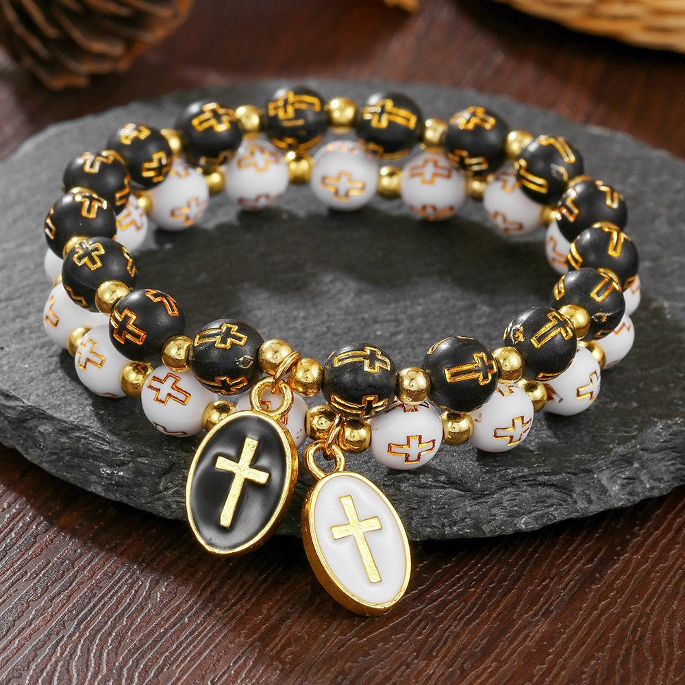 2pcs Religious Cross Bead Bracelet Gold Tone Christian Prayer Jewelry Set