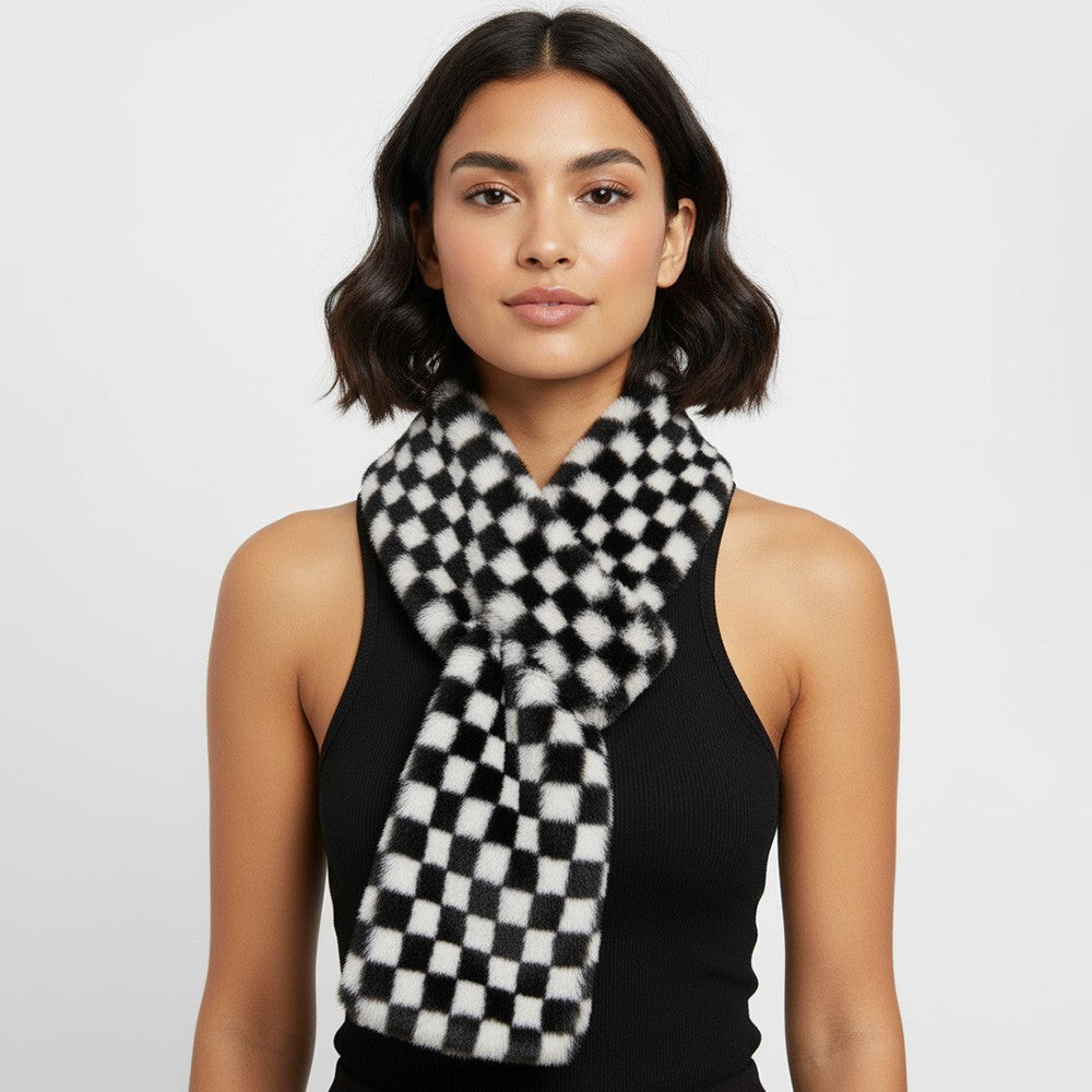 Faux Fur Plush Checkeredboard Pull Through Cowl Scarf for Women Black 6" X 35"