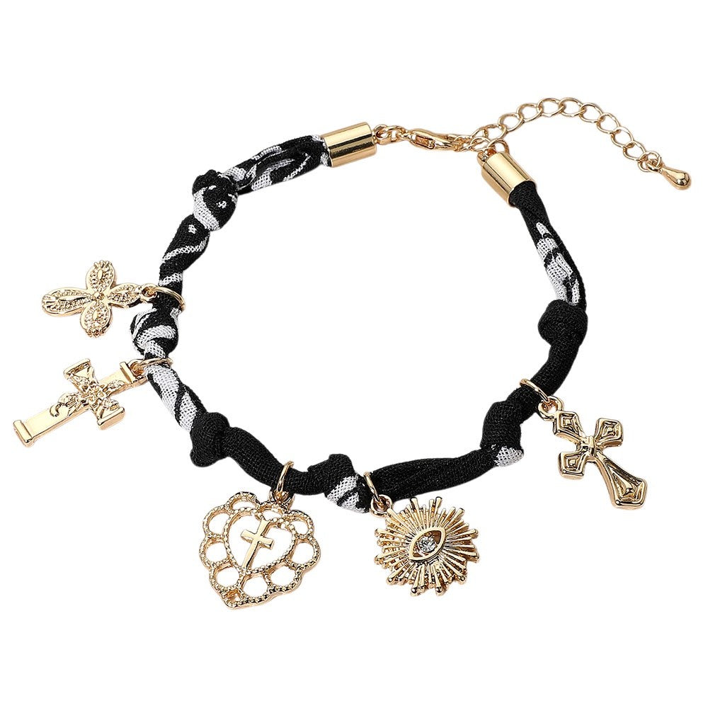 Women's Gold Charm Fabric Bracelet Set Cross Evil Eye Heart Religious Jewelry