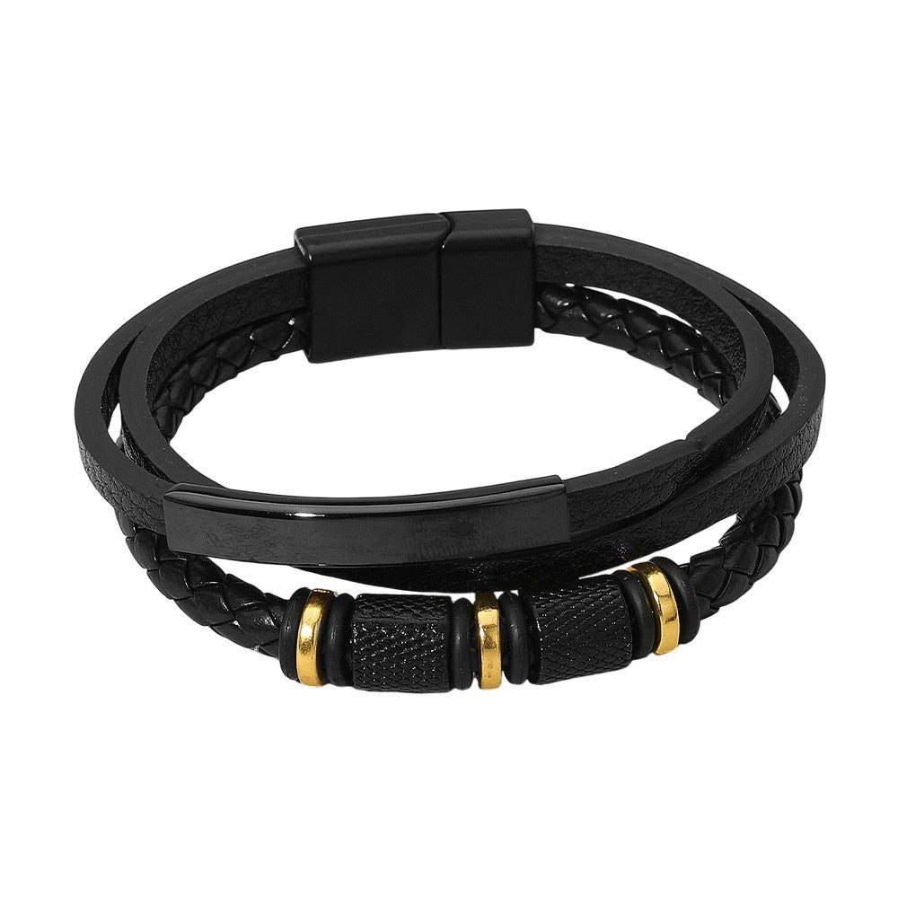 Mens Black Braided Leather Bracelet Gold Tone Accent Magnetic Clasp Multi-Strand