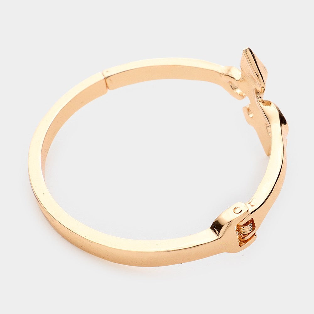 Rhinestone Embellished Metal Fleur de Lis Hinged Cuff Bracelet for Women Gold