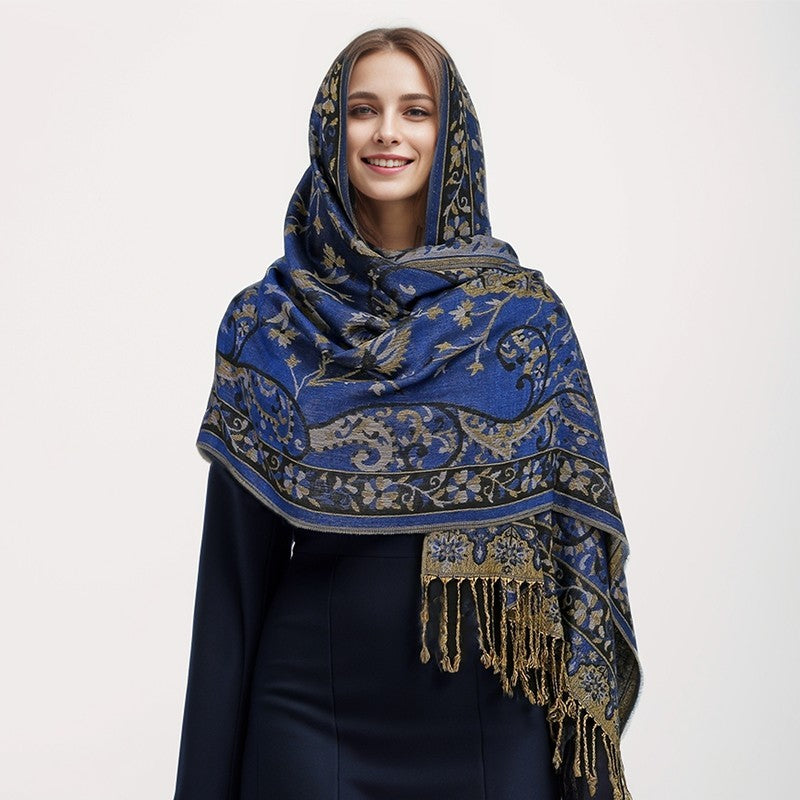Navy Gold Paisley Pashmina Scarf for Women Soft Warm Elegant Fringe Wrap