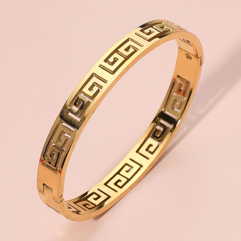 2PCS Stainless Steel Greek Key Cutout Hinged Bangle Bracelet Set Gold Tone