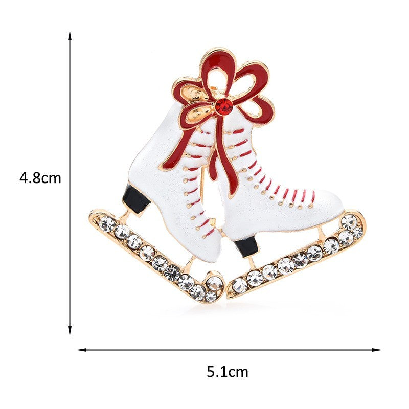 White Enamel Rhinestone Ice Skates Christmas Winter Brooch Pin Red Bow