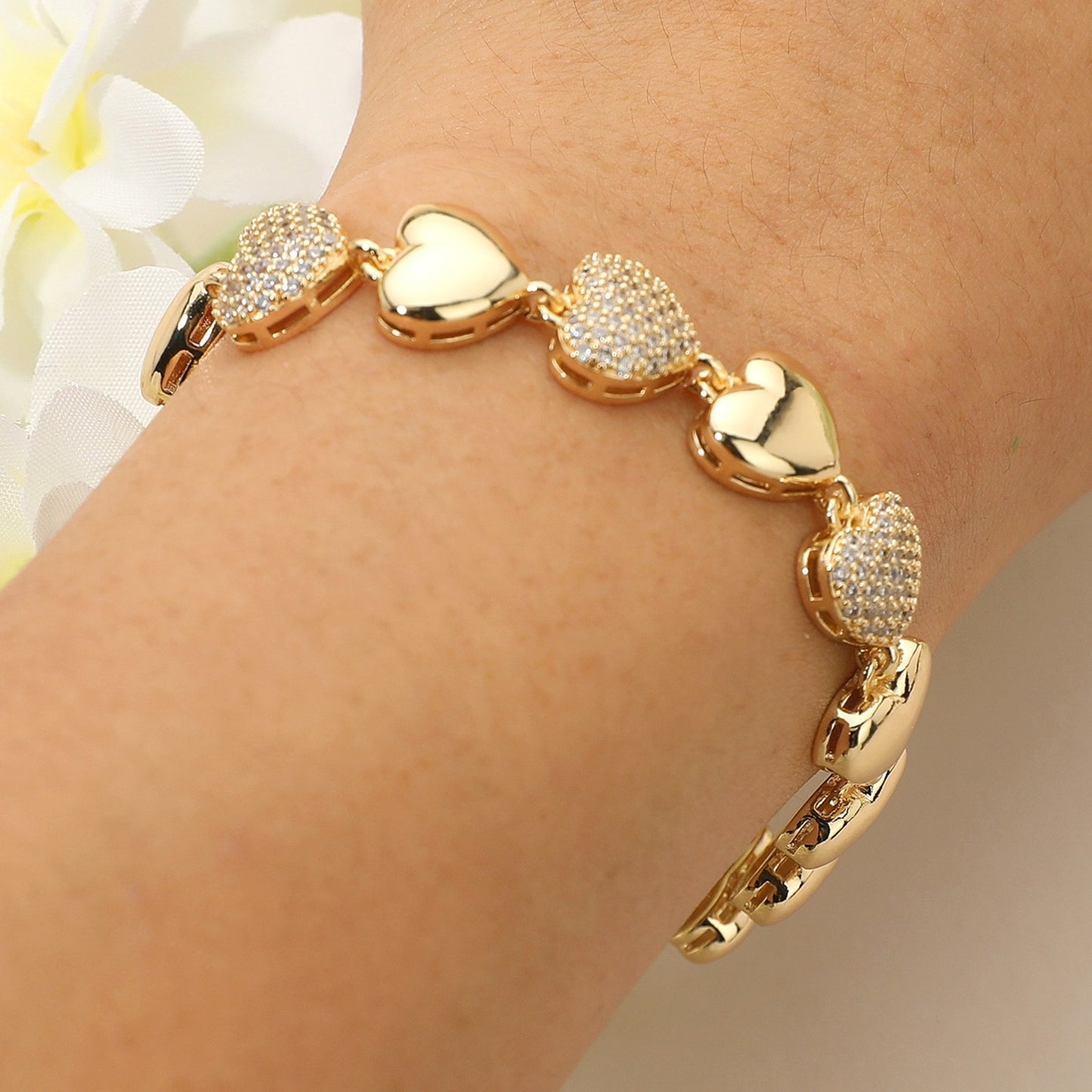 Gold Tone Pave Cubic Zirconia Heart Link Bracelet for Women