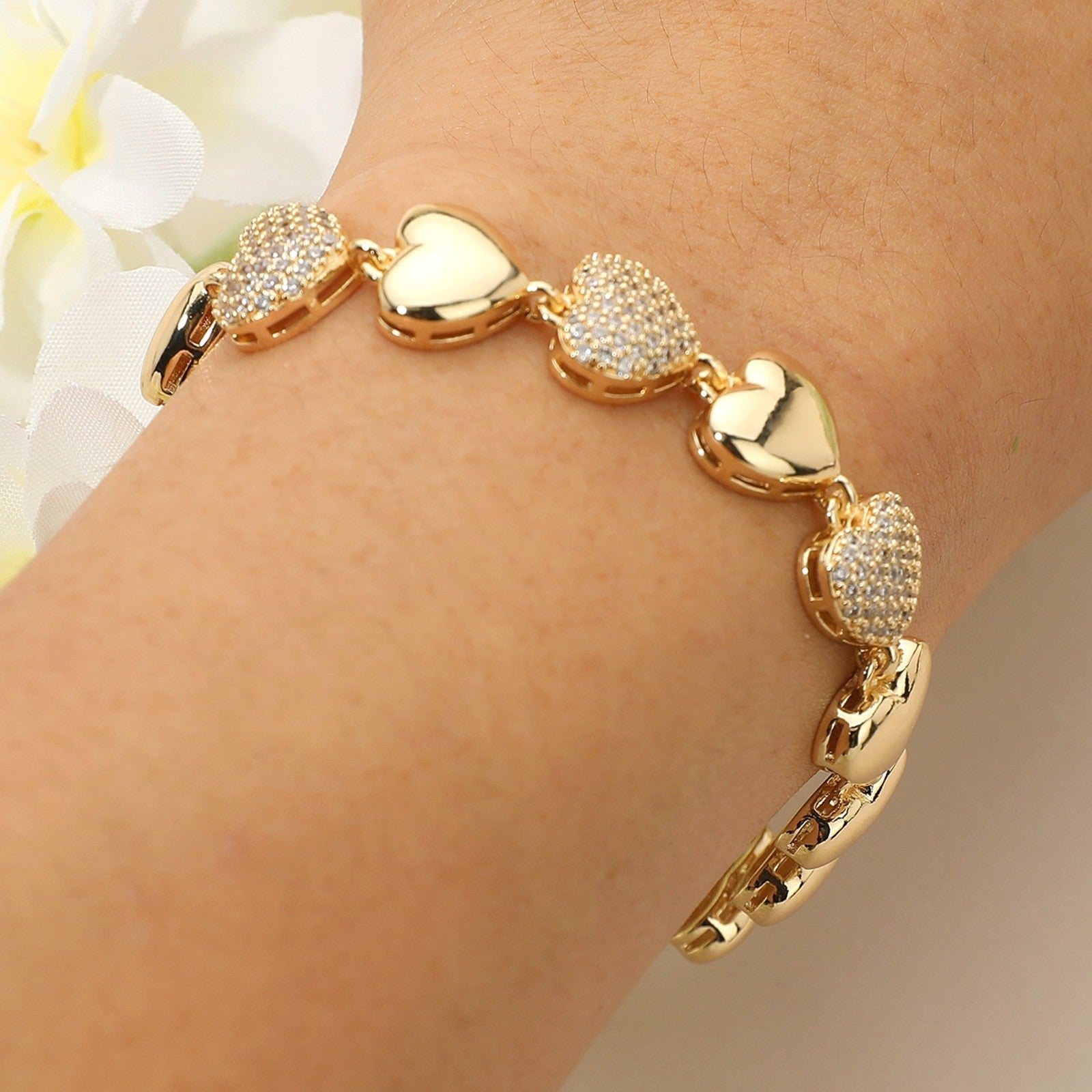 Gold Tone Pave Cubic Zirconia Heart Link Bracelet for Women