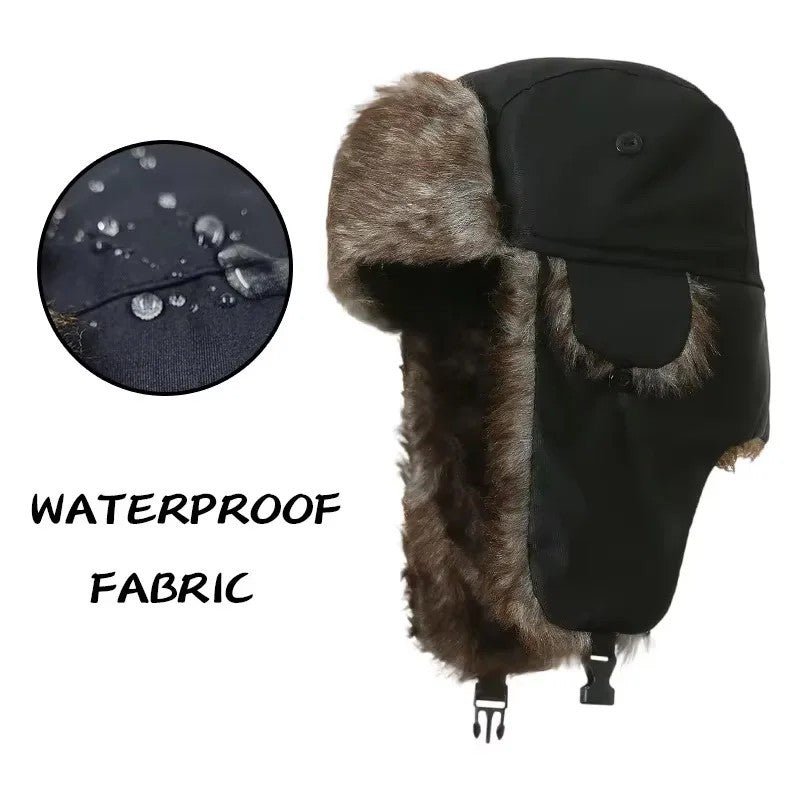 Black Faux Fur Trapper Hat Warm Winter Trooper Aviator Ski Cap Ear Flaps