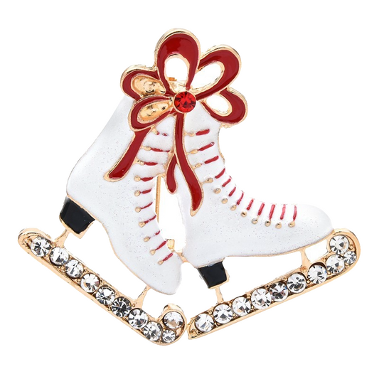 White Enamel Rhinestone Ice Skates Christmas Winter Brooch Pin Red Bow