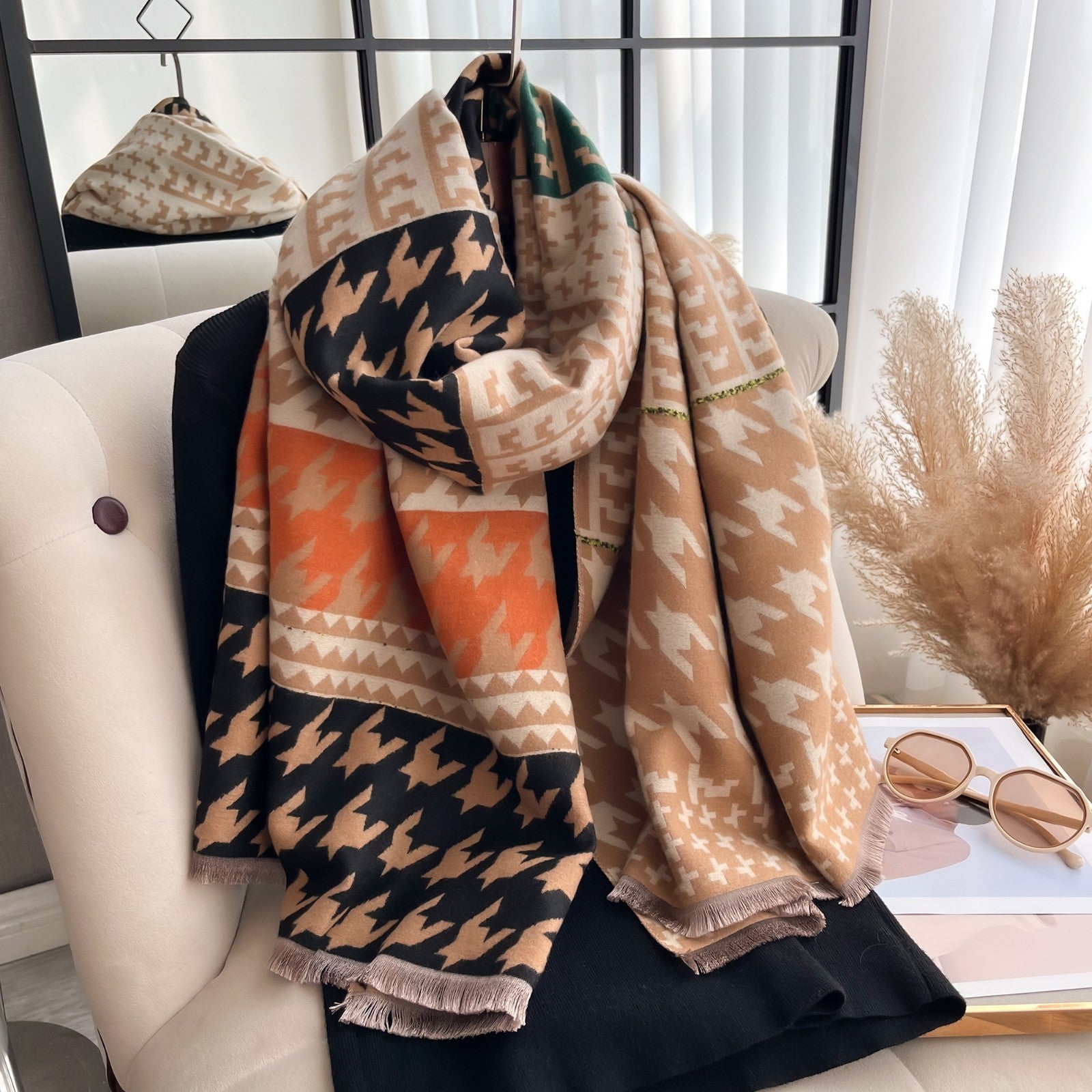 Multi-Color Houndstooth Blanket Scarf Shawl w/ Geometric Print & Fringe