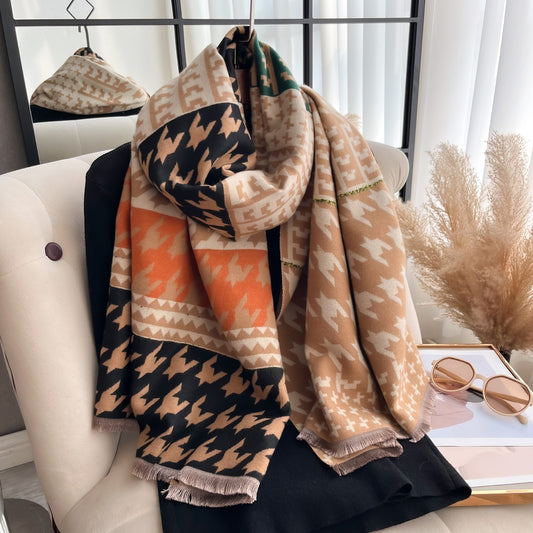 Multi-Color Houndstooth Blanket Scarf Shawl w/ Geometric Print & Fringe