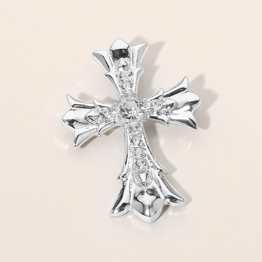 Silver Tone Ornate Rhinestone Gothic Cross Brooch Pin Accessory - 1.7" x 2.3"