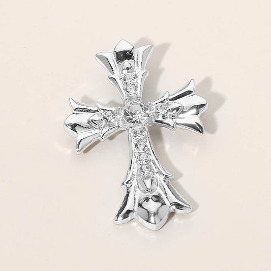 Silver Tone Ornate Rhinestone Gothic Cross Brooch Pin Accessory - 1.7" x 2.3"
