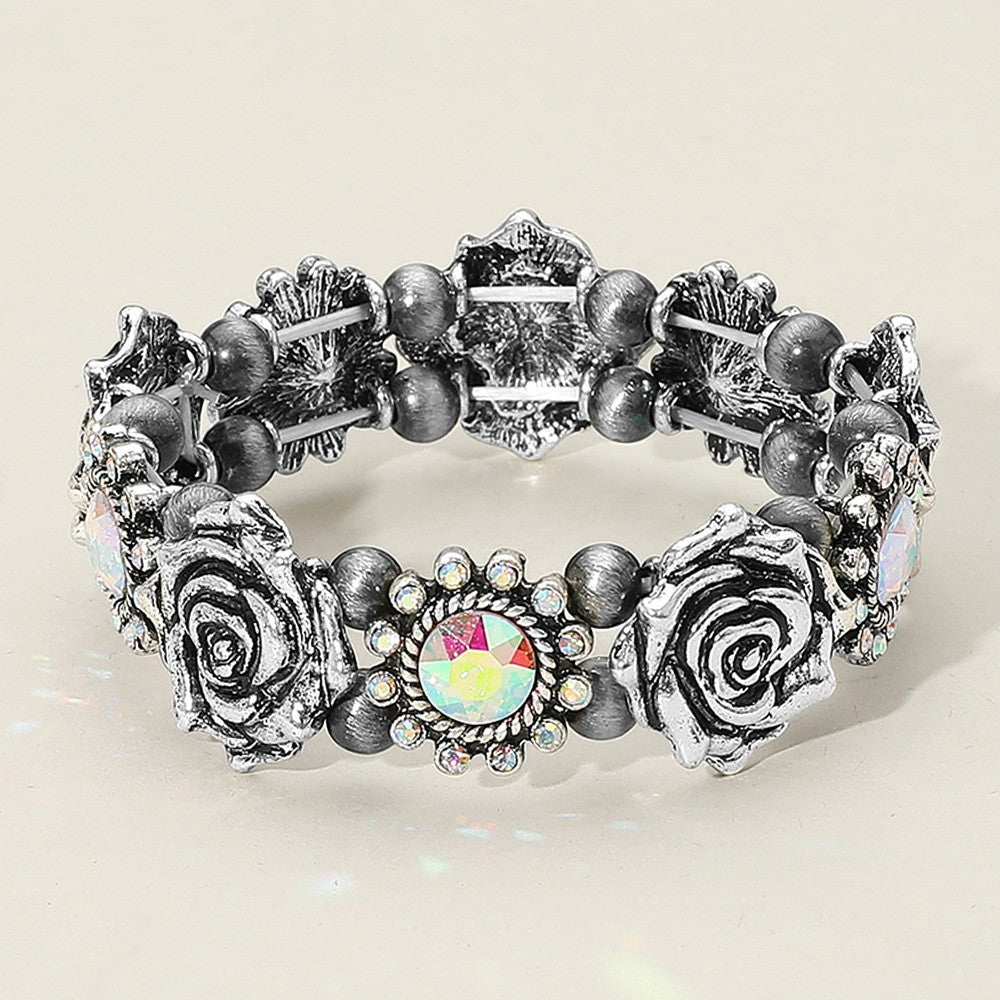 Antique Silver Western Rose Flower Stretch Bracelet with Rhinestone Accents