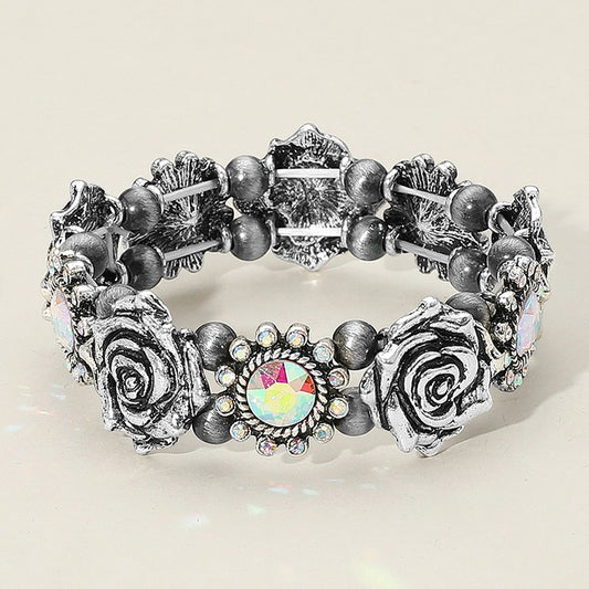 Antique Silver Western Rose Flower Stretch Bracelet with Rhinestone Accents