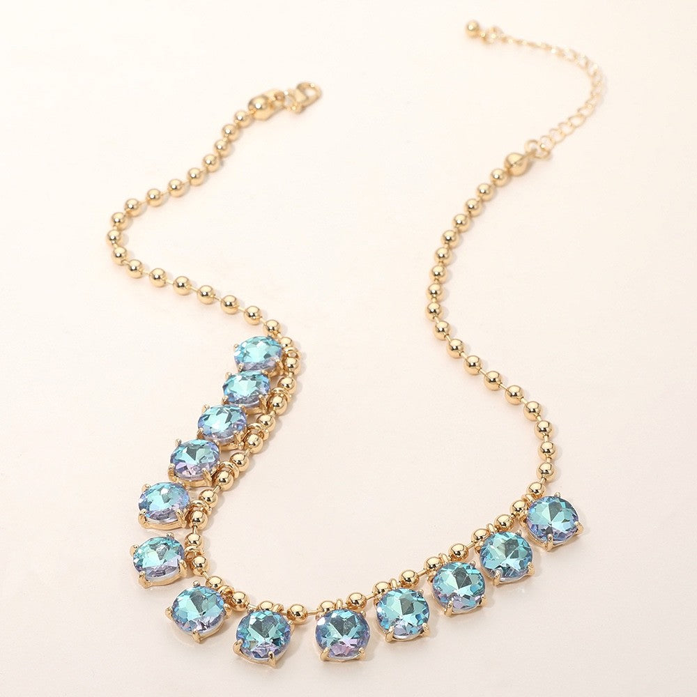 Iridescent Blue Aurora Borealis Crystal Gold Tone Graduated Collar Necklace New