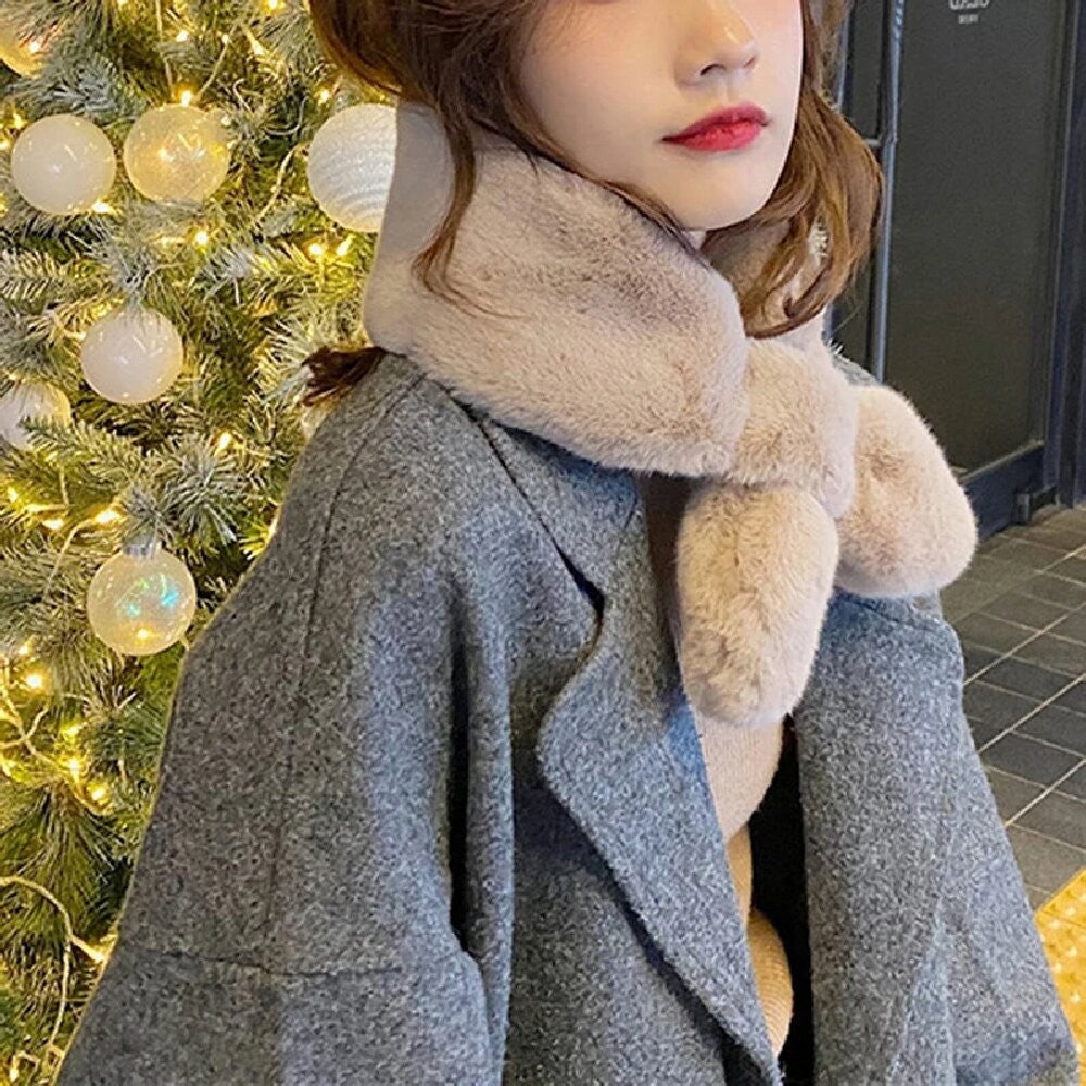 2Pcs Women's Faux Fur Scarf Set Black Beige Soft Plush Winter Neck Warmer Wrap