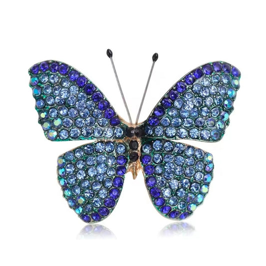 Blue Purple Crystal Rhinestone Butterfly Brooch Pin/Pendant Gold Tone 1.73 in