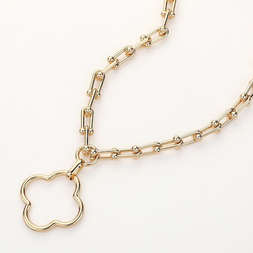 Gold Link Chain Clover Pendant Necklace - Modern Industrial Statement Jewelry