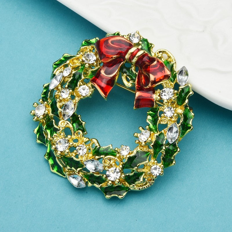 Festive Christmas Wreath Brooch Rhinestone Holiday Pin Jewelry Gift
