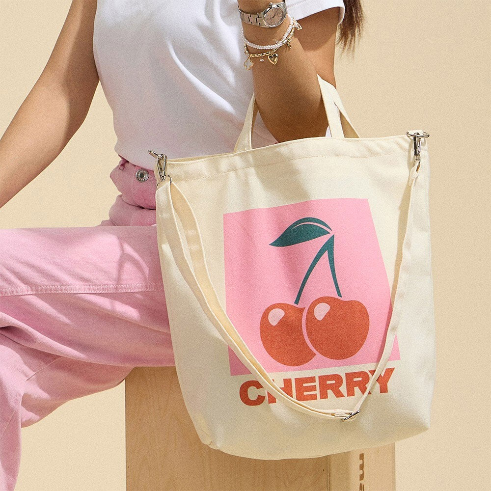 Cherry Print Canvas Crossbody and Top Handle Bag for Women