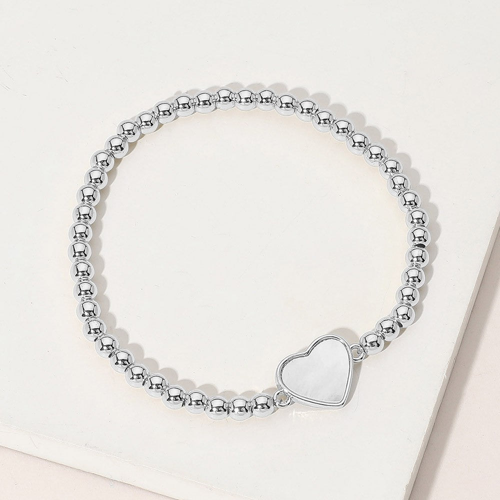 Stainless Steel Ball Mother of Pearl Heart Beaded Stretch Bracelet for Women