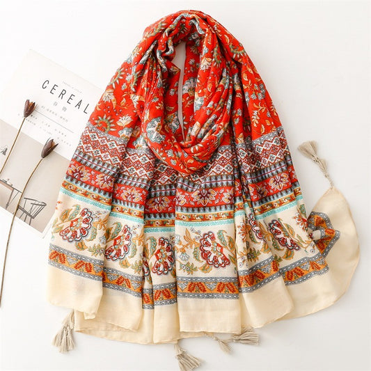 Boho Chic Floral Print Scarf for Women Soft Lightweight Cotton Tassel Wrap