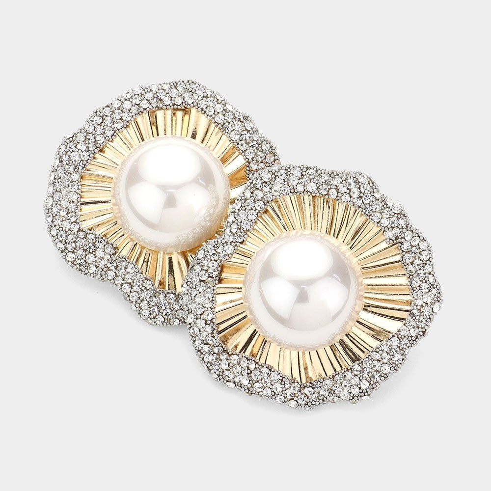 Women's Fashion Pearl Accent Rhinestone Flower Round Stud Earrings Gold Ivory