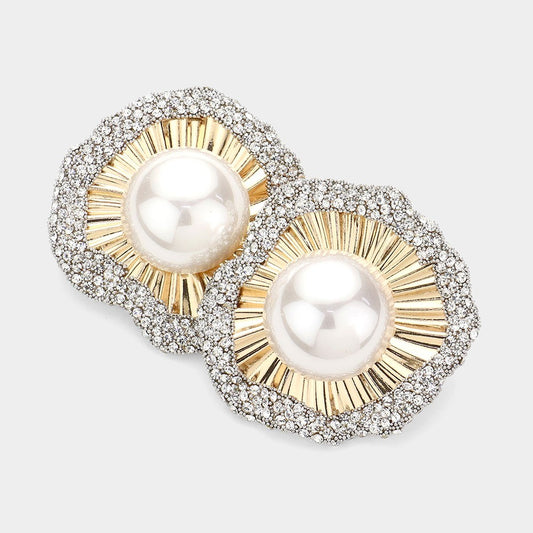 Women's Fashion Pearl Accent Rhinestone Flower Round Stud Earrings Gold Ivory