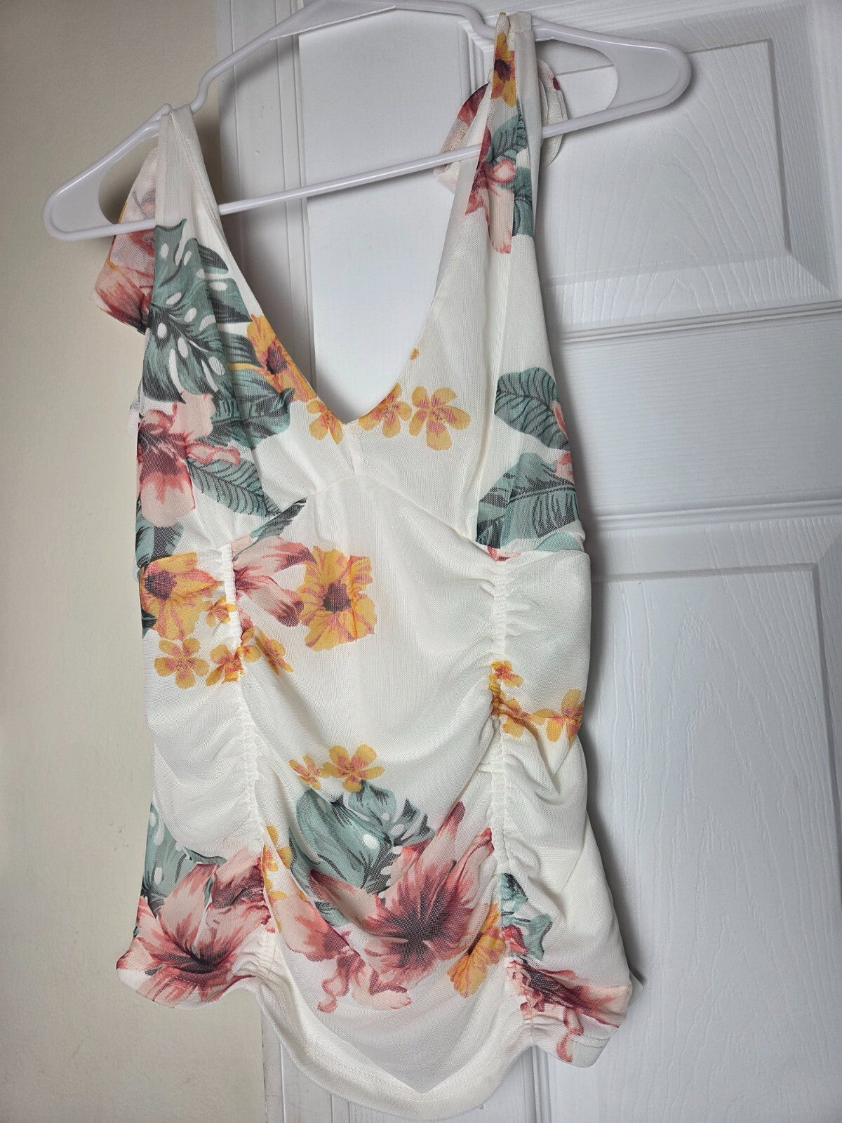 VENUS Floral Mesh Shoulder Bow Top Sheer Detail Feminine Blouse Dressy Style