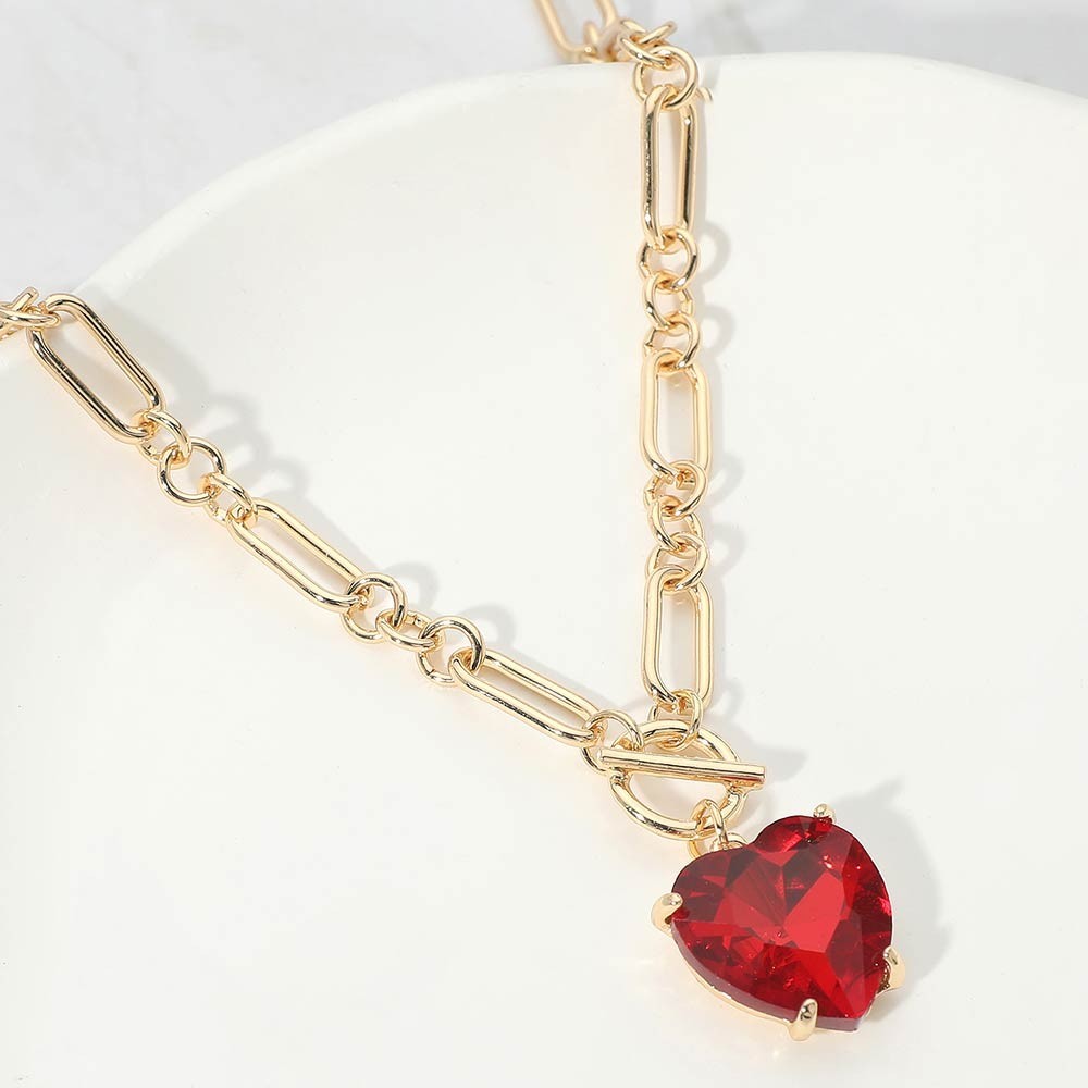 Women's Chunky Red Heart Stone Cluster Toggle Paperclip Chain Pendant Necklace