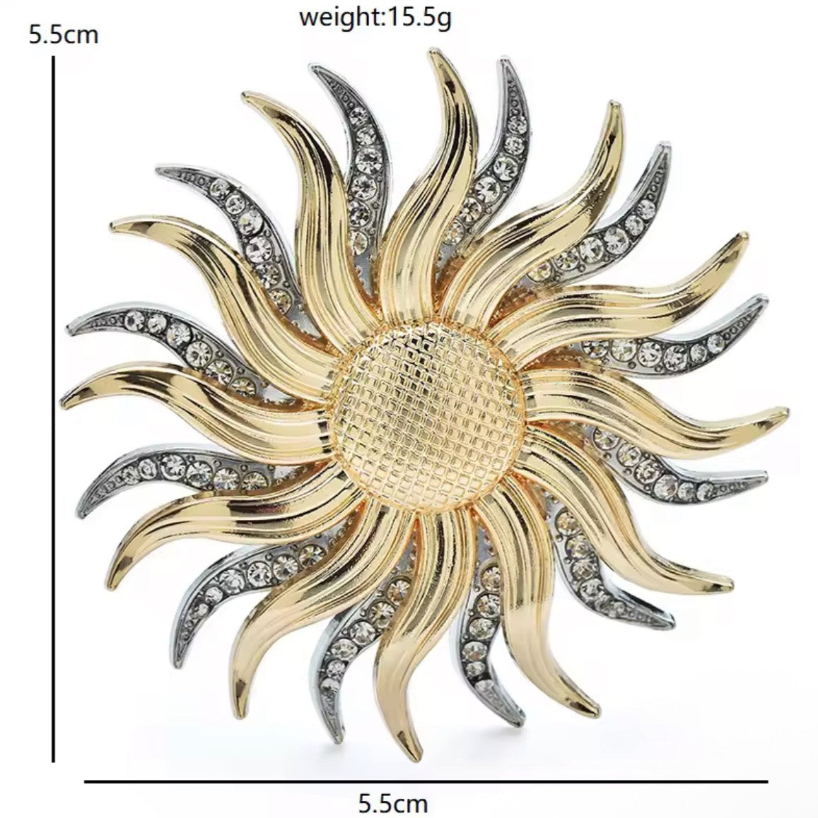 Gold & Silver Two-Tone Sunburst Brooch: Crystal Sunflower Pin for Women