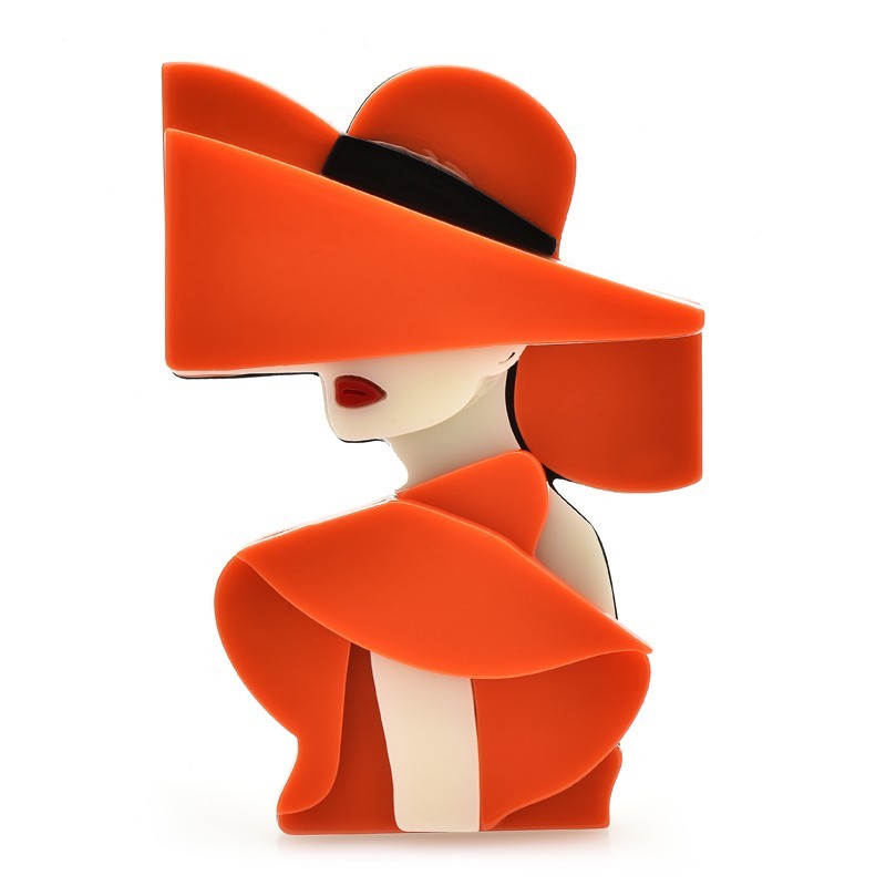 Orange Pop Art Lady Brooch Pin Acrylic Modern Woman Hat Statement Jewelry Gift