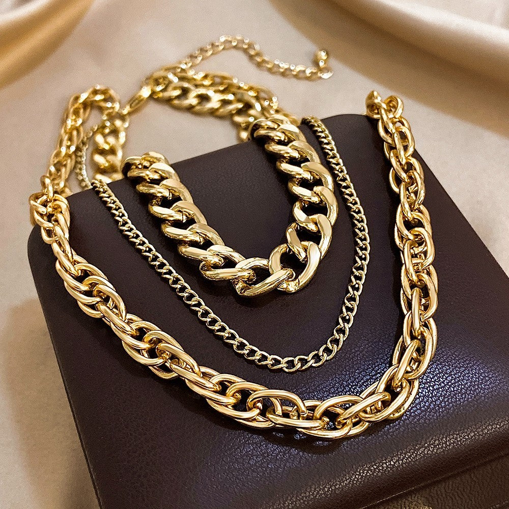 Gold Tone Layered Curb & Cable Chain Statement Necklace