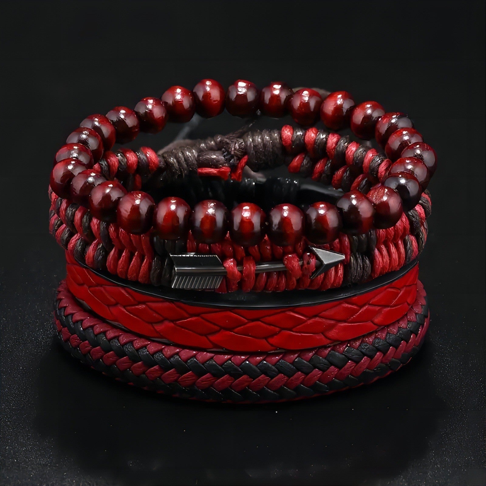 Red & Black Stacked Arrow Leather Bead Men's Bracelet Set - Adjustable Braided S