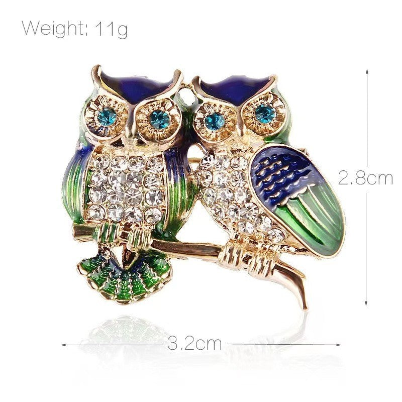 Owl Couple Brooch Pin Rhinestone Enamel Bird Jewelry Gift