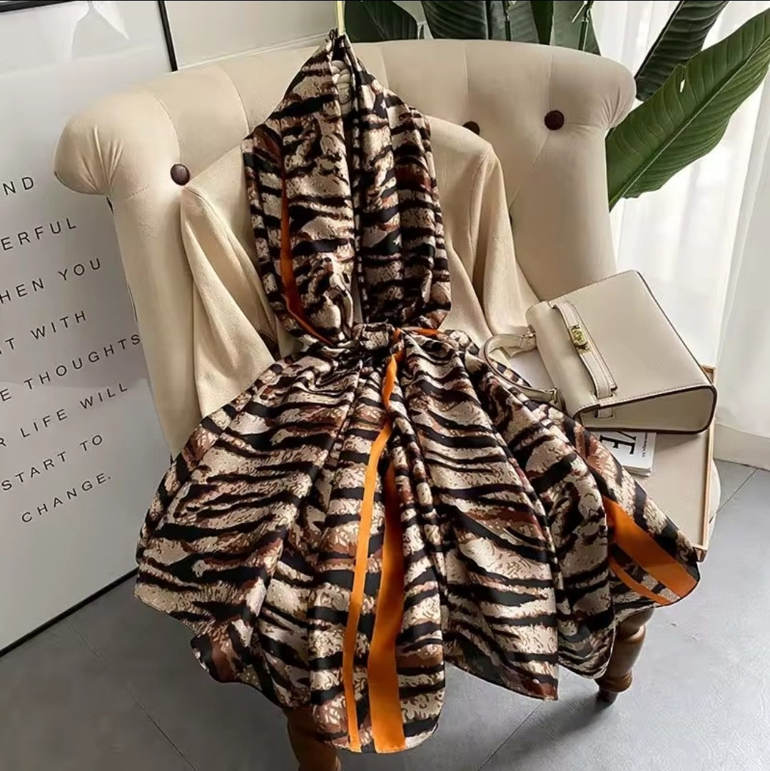 Vibrant Animal Print Shawl Scarf Large Silk Feel Wrap Orange Stripe