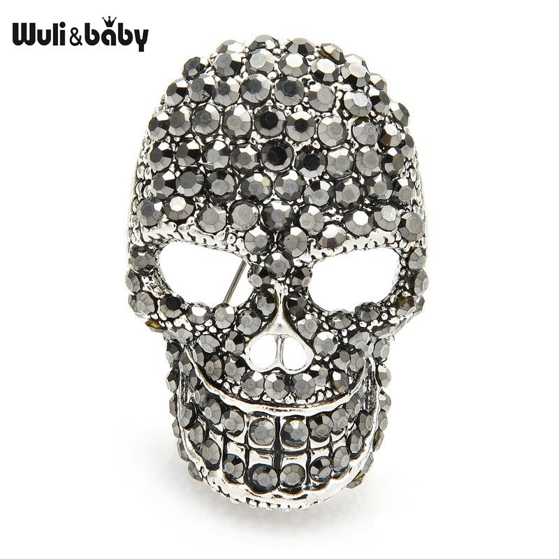 Set of 2 Rhinestone Skull Brooches Silver & Gray Crystal Gothic Punk Pin Duo