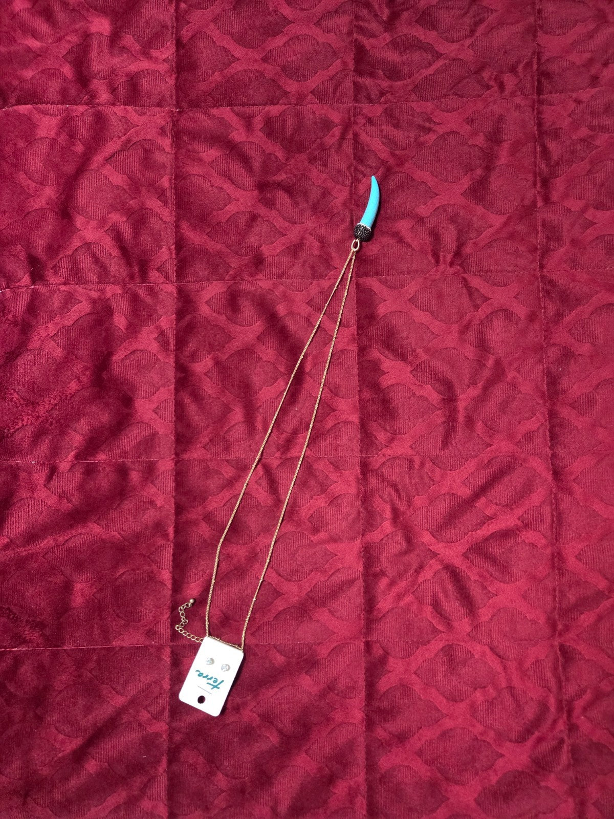 Boho Gold Chain Necklace with Turquoise Horn Pendant & Crystal Stud Earrings Set