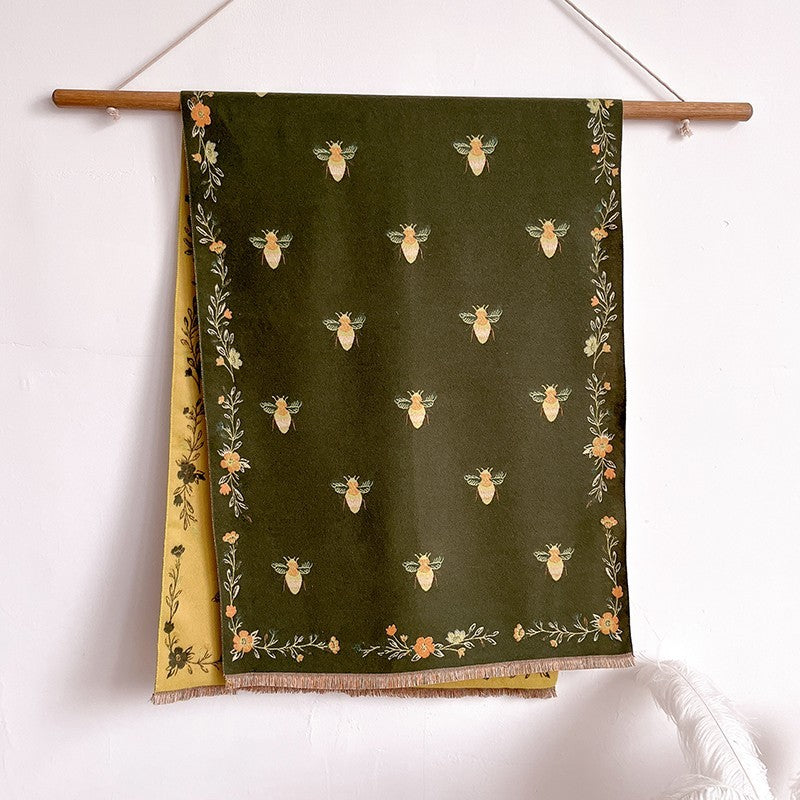 Reversible Bee & Floral Scarf Shawl Wrap Green Mustard Yellow Fringe New