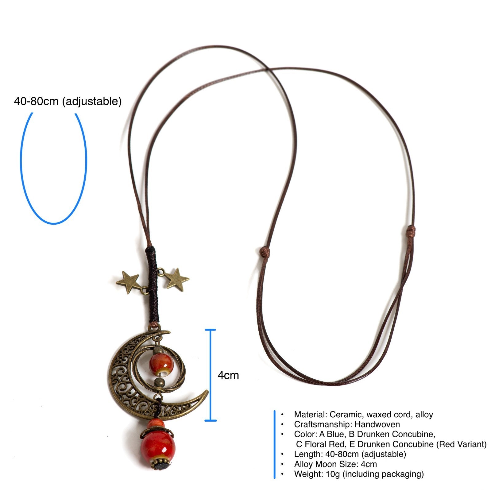 2PC Set: Boho Moon Star Ceramic Bead Long Necklace Adjustable Red & Blue Bronze