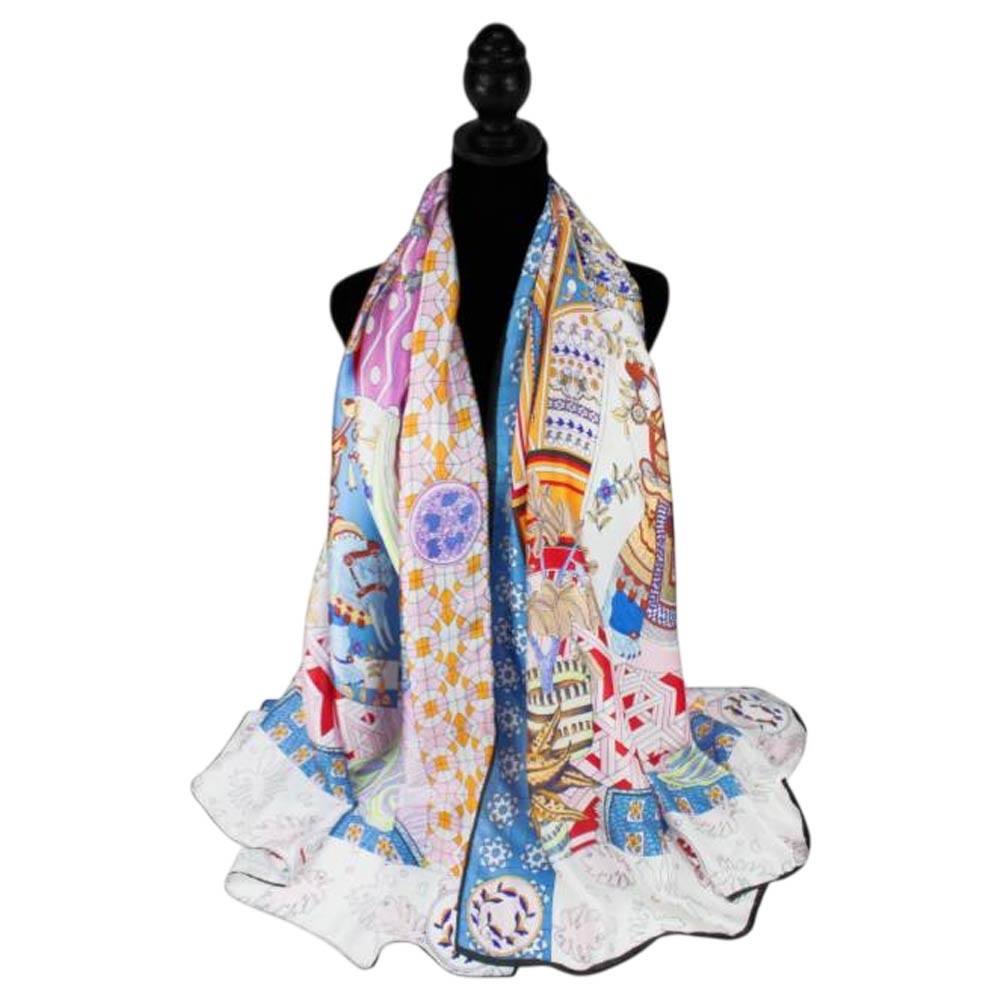 Colorful Graphic Print Silk Feel Long Scarf - Artistic Abstract Wrap Shawl Lady