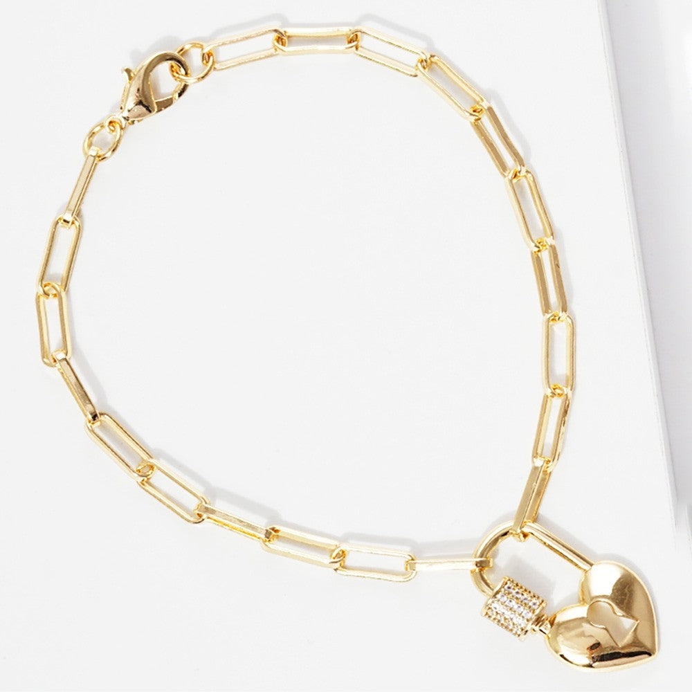 Gold Paperclip Chain Bracelet Heart Lock Charm CZ Statement Jewelry for Women