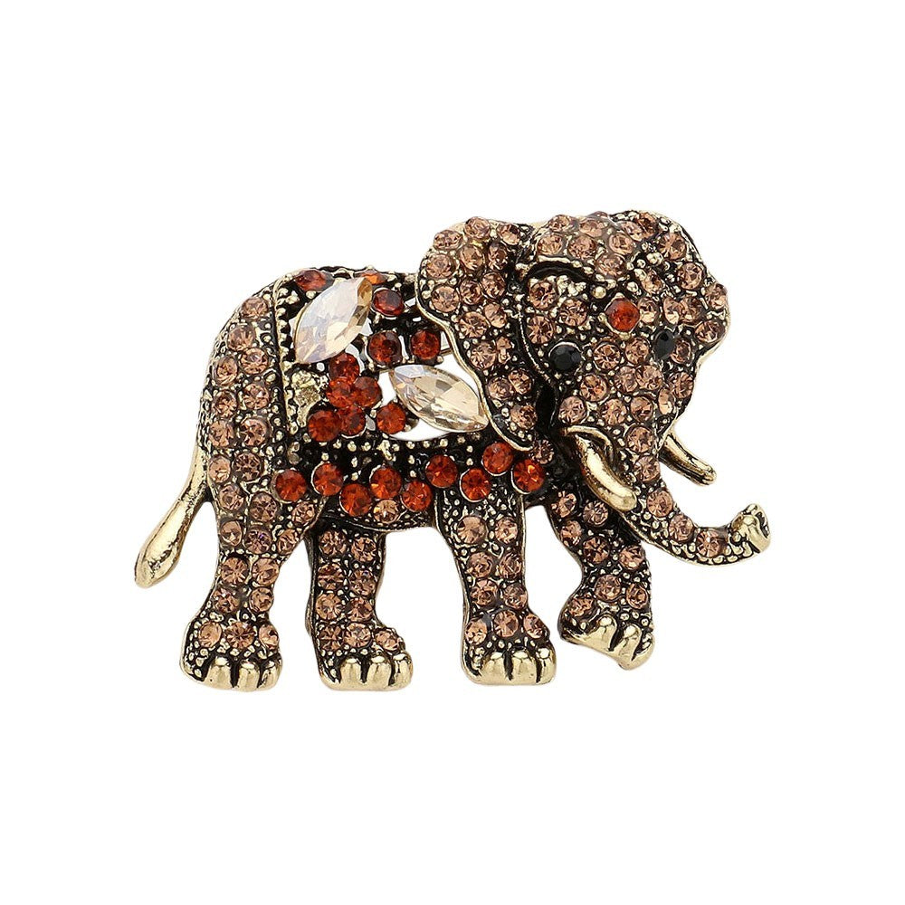 2 Elephant Brooch Set: Red Ruby & Brown Amber Rhinestone Costume Jewelry Pins