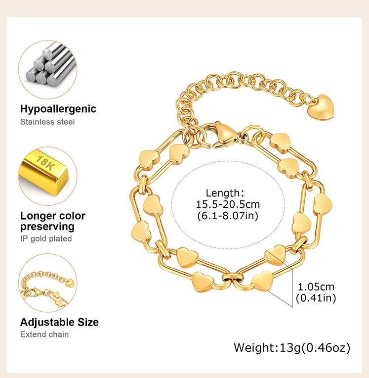 2-Piece Set: Heart Bracelet Double Layered Gold & Silver Tone Adjustable