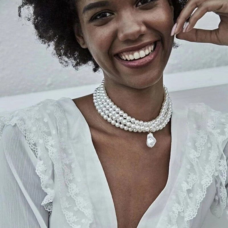 4 Row Faux Pearl Choker Necklace Baroque Pearl Pendant Statement Bridal Jewelry