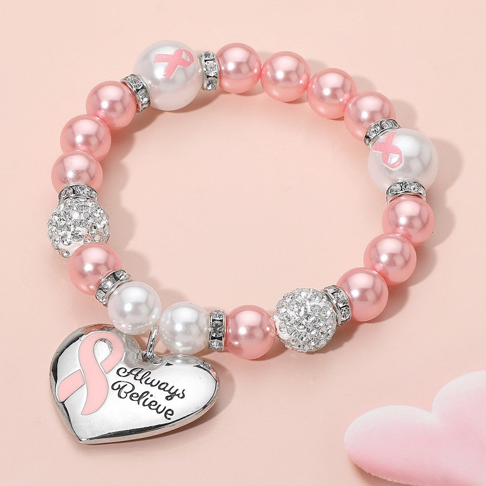 2PCS ALWAYS BELIEVE Pink Ribbon Heart Pearl Shamballa Beaded Bracelets