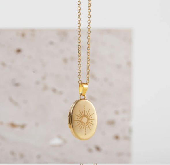 Vintage Gold Sun Locket Necklace for Women Stainless Steel Celestial Pendant