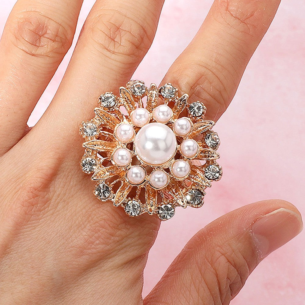 2PCS Pearl & Crystal Cluster Ring Set Gold Tone Flower Starburst Stretch Jewelry